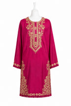 Pink kurta with gold embroidery on a mannequin against a white background
