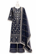 Navy blue embroidered traditional outfit with matching dupatta on a white background