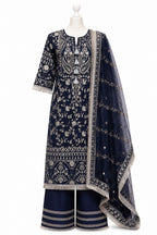 Navy blue embroidered traditional outfit with matching dupatta on a white background