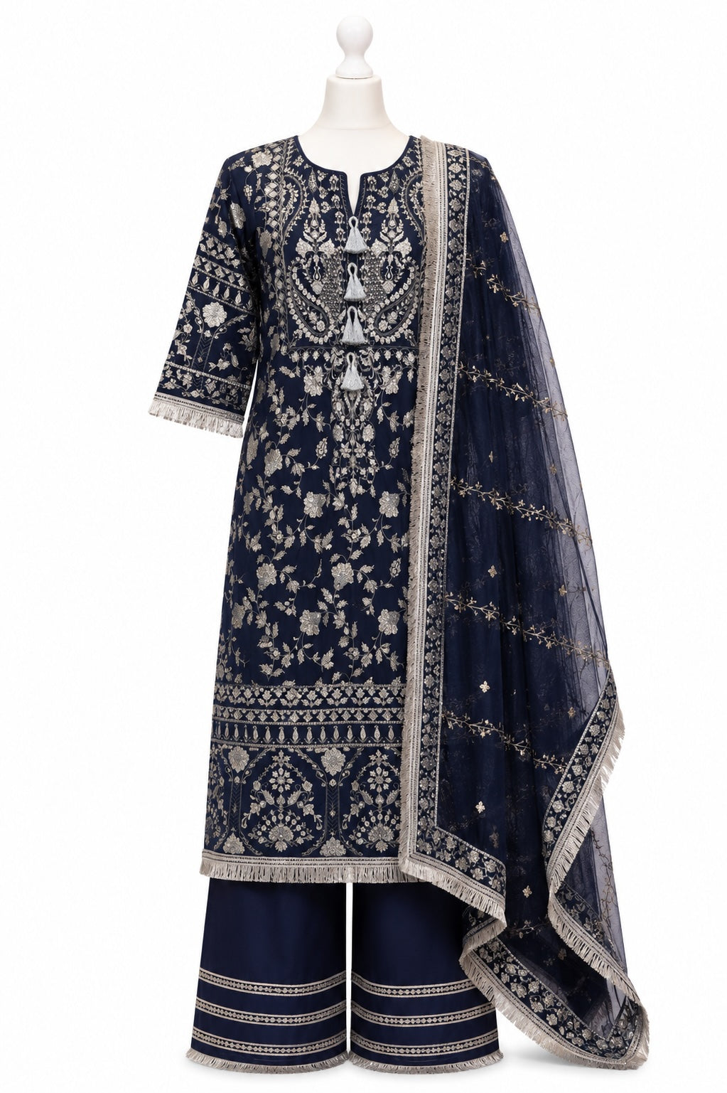 Navy blue embroidered traditional outfit with matching dupatta on a white background