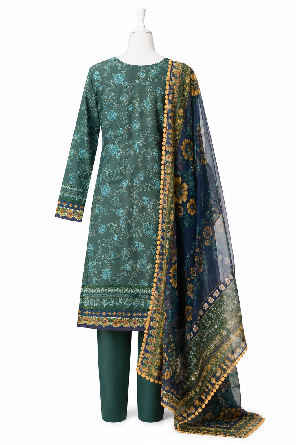 Green embroidered dress with a matching dupatta on a mannequin against a white background