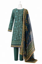 Green embroidered dress with a matching dupatta on a mannequin against a white background