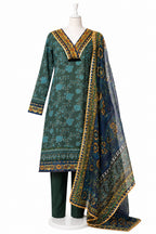 Green and gold patterned traditional outfit on a mannequin with a white background