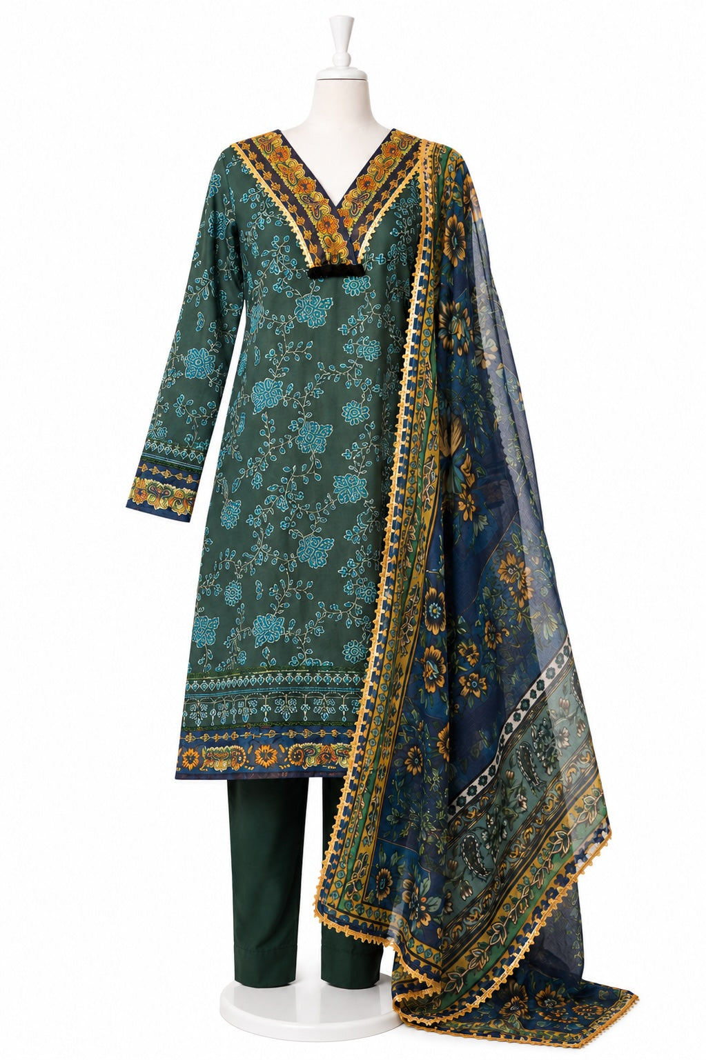 Green and gold patterned traditional outfit on a mannequin with a white background